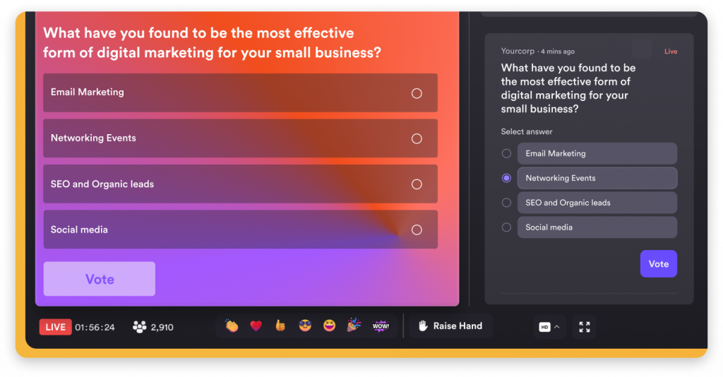 Use interactive features like the q&a and raise hand and invite to stage in Airmeet to engage with audience.