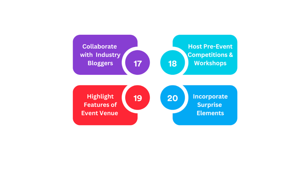 event promotion ideas-collab with bloggers, pre-event activities, highlight event venue features, surprise elements