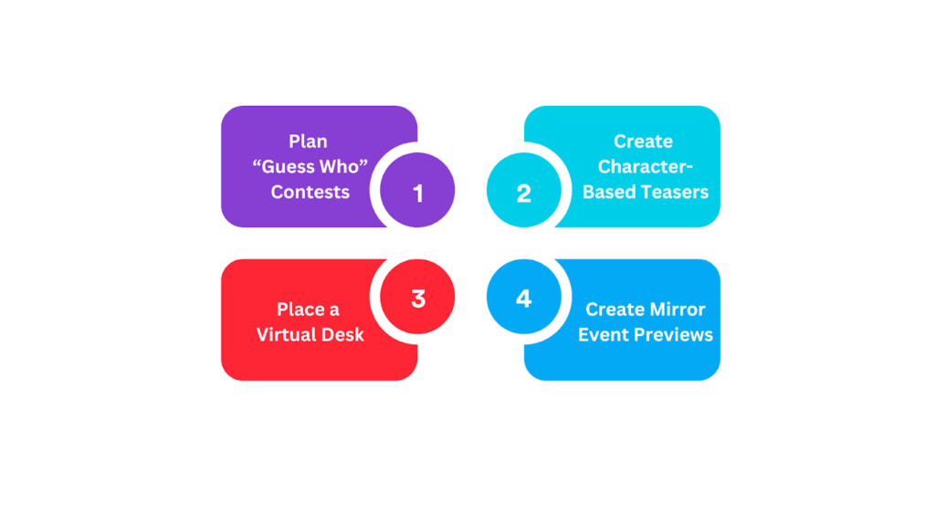 event promotion ideas-guess who contest, character-based teasers, virtual desk, mirror previews
