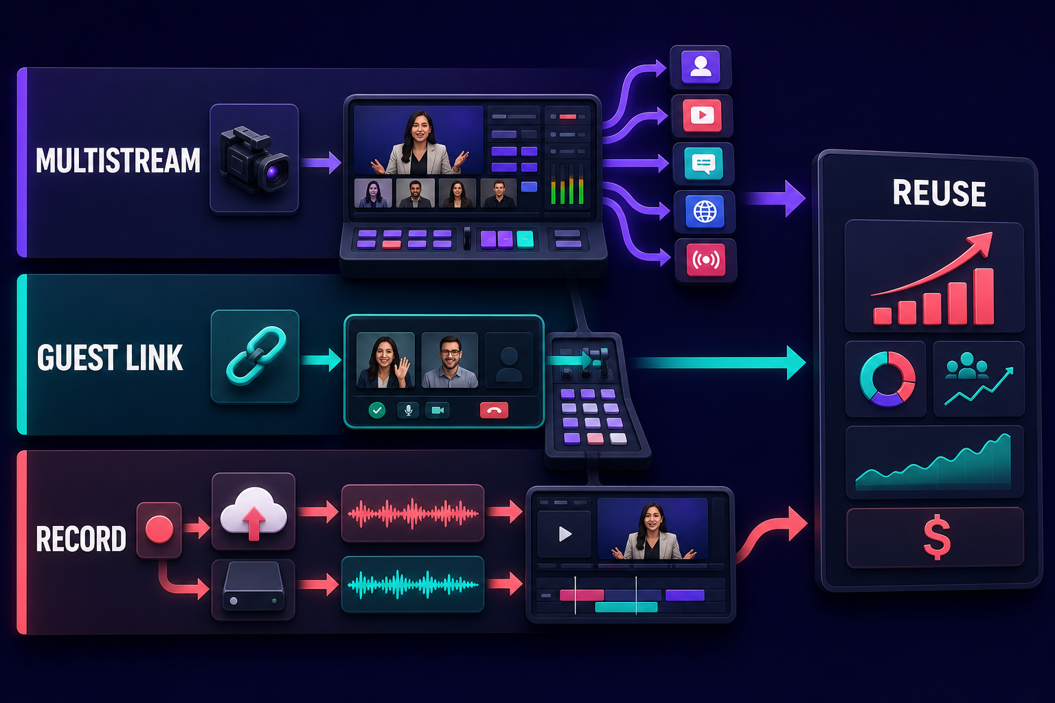 One cloud production layer for reach, guests, and reusable content