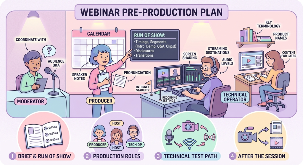 Before the event, decide what should appear in the broadcast and what should be preserved in the master recording